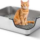 Stainless Steel Cat Litter Box, 17.5"L x 13.6"W x 6"H Metal Cat Litter Box with Low Entry for Senior, Injured Cats Anti-Slip Non-Stick No Odor Easy to Clean for Most Cats with Weight of 14Ibs or Less