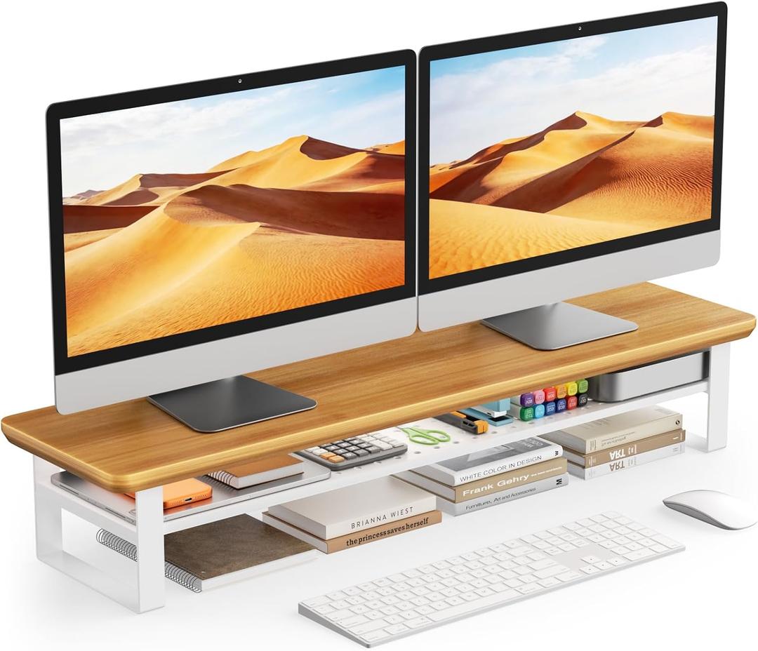Dual Monitor Stand, 35.4 Inch Monitor Stand Riser for 2 Monitors, 2 Tiers Wood Desk Shelf with Storage, Desktop Organizer Stand for Computer, Laptop, Printer, TV