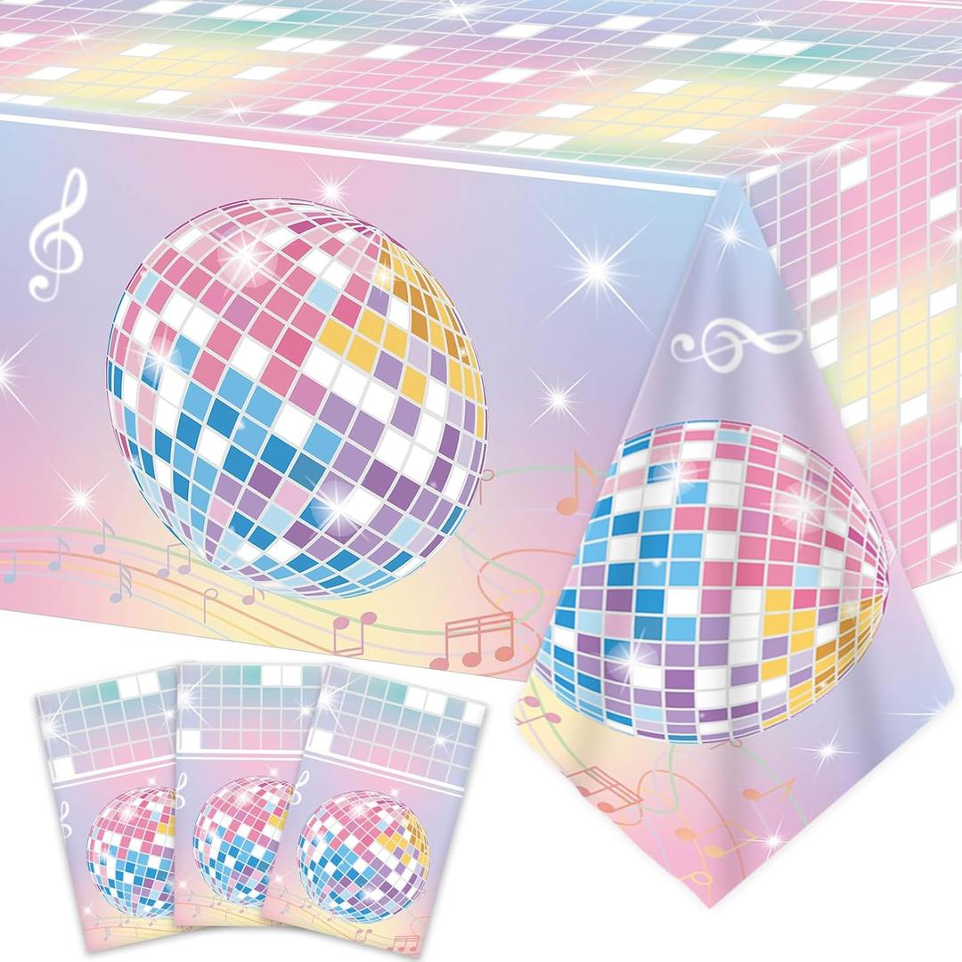 3 Pcs Pastel Singer Birthday Tablecloths Disco Ball Party Decorations Colorful Disco Balls Plastic Table Cover Music Theme Birthday Table Cloths for Music Lover Wedding Anniversary Party Supplies