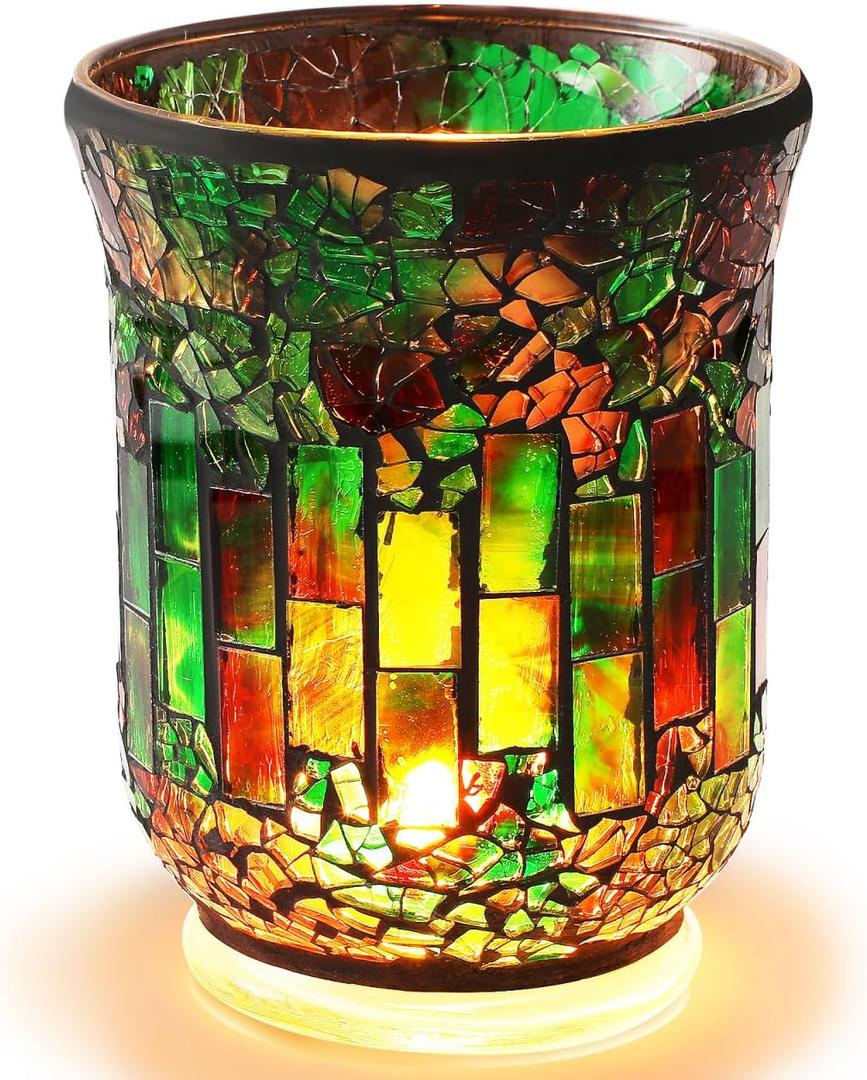 Healifty Green Mosaic Glass Candle Holder for Table Centerpiece, Vintage Stained Tealight Candlestick Lamp, Romantic Votive Home Farmhouse Decor