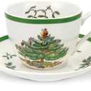 Spode Christmas Tree Teacup & Saucer Set - 7 Oz Earthenware Cup for Tea, Coffee, Cappuccino, Espresso - Holly & Mistletoe Holiday Accents - Holiday Collection Design for Gifting