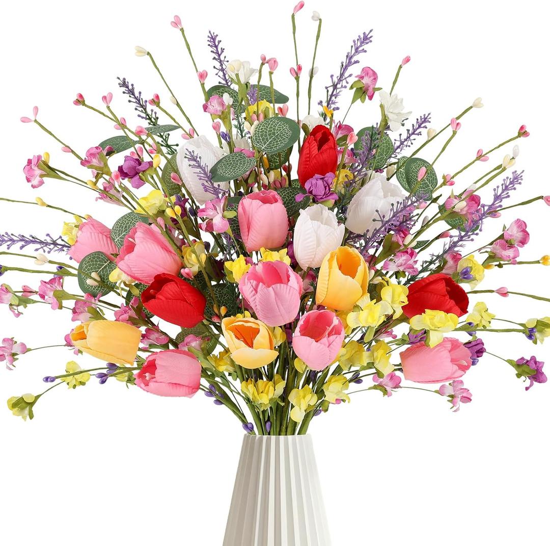 N&T NIETING Tulips Artificial Spring Flowers with Wildflowers 16 Pack Fake Tulips Stems 17" Artificial Flowers for Easter in Home Kitchen Wedding Vases Floral Outdoor Decorations