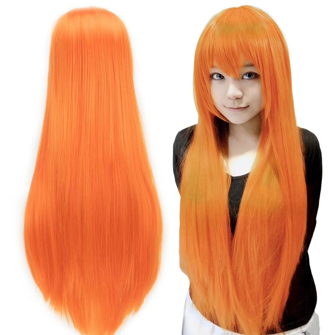 IMISSU 80cm Long Straight Natural Hair Cosplay Wigs with Bangs Colorful Halloween Costume Party Wig (Fluorescent Orange)