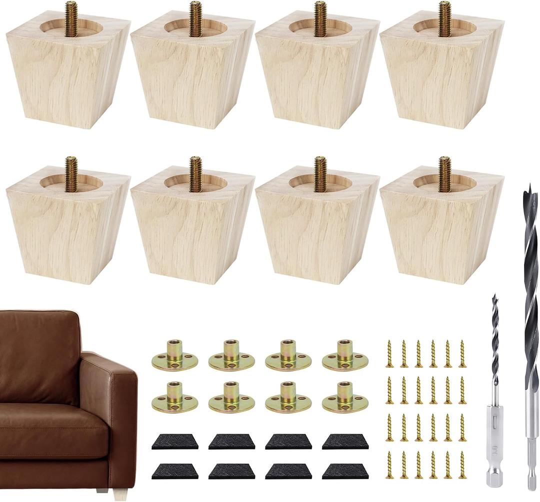 Furniture feet Table Legs Couch Legs Unfinished Square Bed Feet 2 inch Wood Replacement Leg for Furniture Set of 8, Natural (8set, 2in)