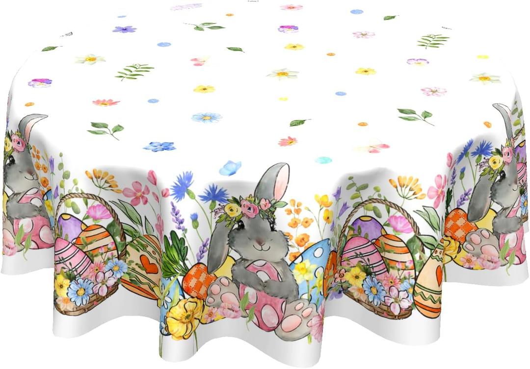 Sweetshow Easter Bunny Eggs Table Cloth Round Colorful Flower Leaves Tablecloth 60 Inch Decor Washable Stain and Wrinkle Spring Floral Round Table Cover for Dining Picnic