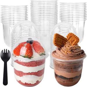50 Pack 12OZ Clear Plastic Cups with Dome Lids and Sporks No Hole Disposable Fruit Cups for Dessert,Cupcake,Parfait,Pudding,Iced Cold Drinks,Snacks,Fruits,Bakeries,Ice Cream