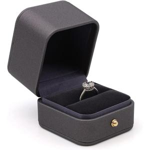 Engagement Ring Box Dark Black Gray, Square Leather Velvet Ring Bearer Box, Premium Gorgeous Vintage Single Slot Ring Box for Proposal, Wedding, Ceremony, Anniversary, Gift