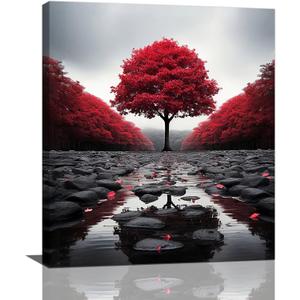 Red Tree Wall Art Zen Stone River Pictures Wall Decor Modern Landscape Nature Canvas Prints Black and White Painting Framed Artwork Decoration for Bathroom Living Room Bedroom Office 16"x24"