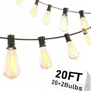 LED Patio String Lights 20Ft with 22 ST40 LED Edison Bulbs, Waterproof Outdoor Hanging Lights for Porch, Deck, Garden, Backyard, E17 Base, 2700K Dimmable, Vintage String Lights- Black Wire