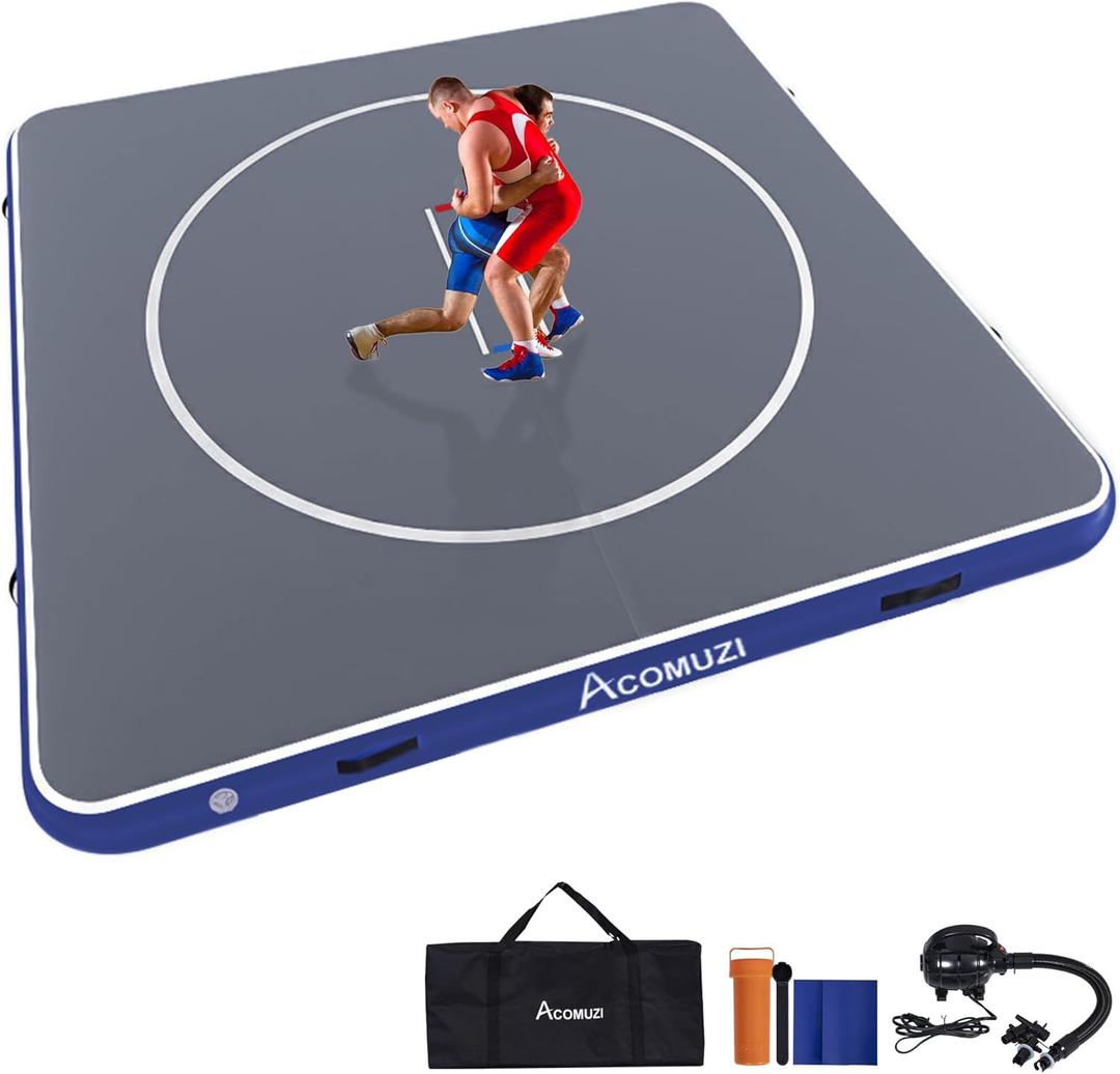 ACOMUZI Inflatable Wrestling Mat 13FT/10FT/5FT, Portable Jiu Jitsu Mats Wrestling Mat for Home, Outdoor or Indoor Training Mat for Water Yoga, Gymnastics, BJJ, MMA (Gray+Blue)