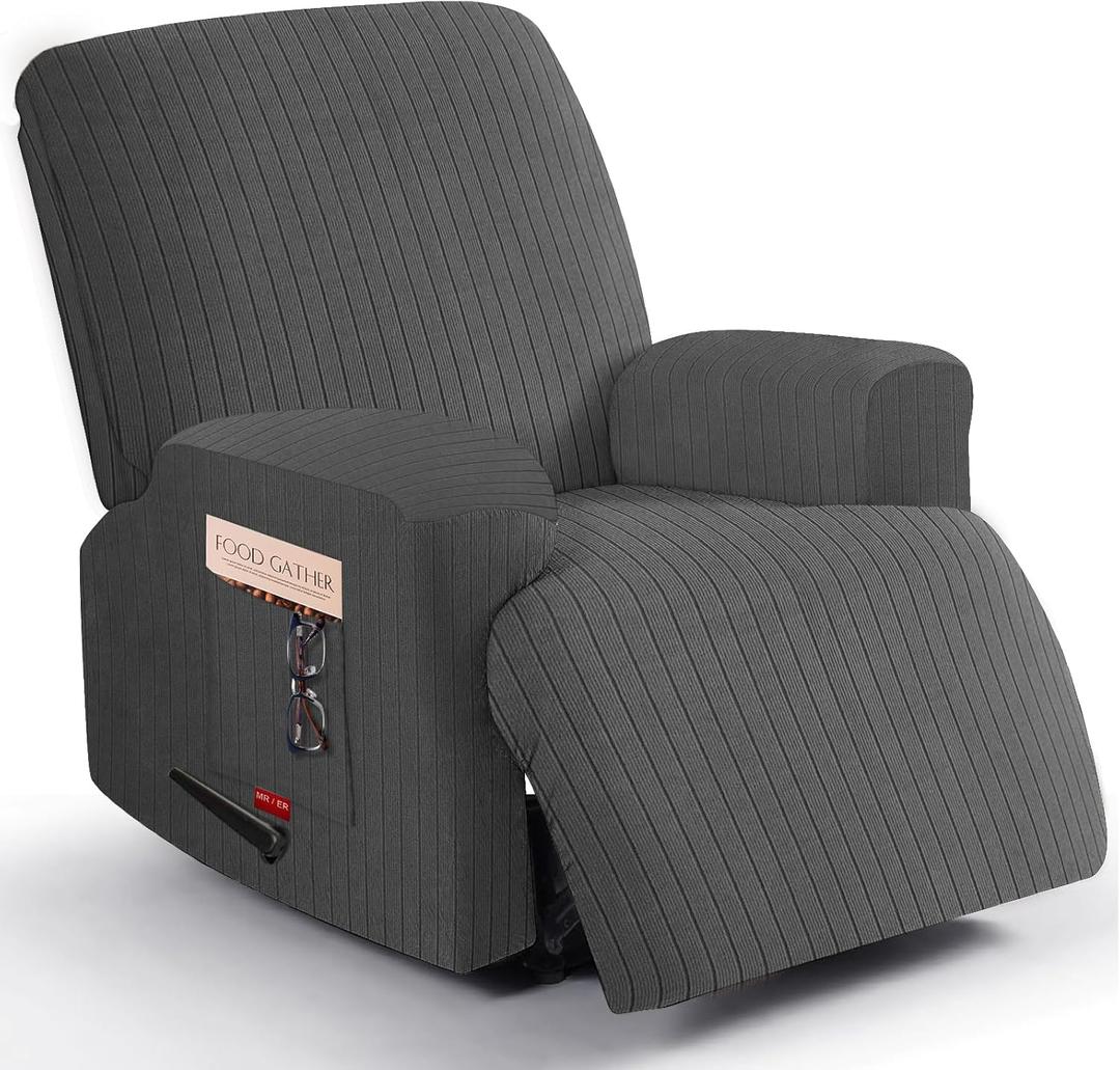 3 Pieces Stretch Recliner Chair Covers - Striped Pattern Slipcovers & Durable Furniture Protectors for Kids and Pets (1 Seater, Dark Gray)