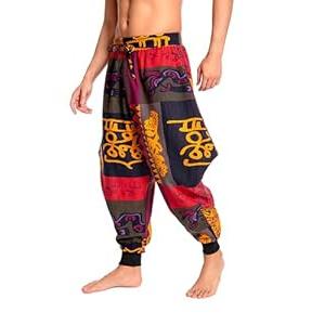 Men's Aladdin Hippie Harem Pants Loose Cotton Linen Drop Crotch Trousers Casual Baggy Elastic Waist Yoga Pants (30)