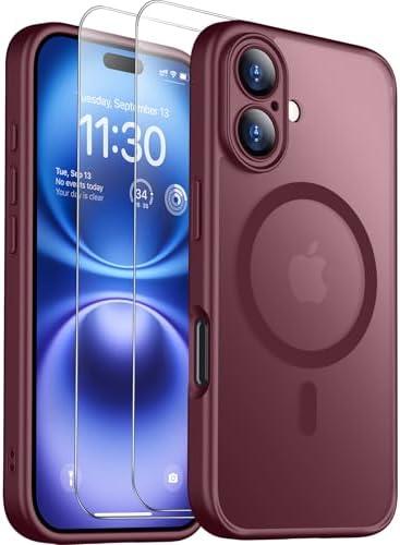 SPIDERCASE Magnetic for iPhone 16 Plus Case,with 2 Pcs [Tempered Glass Screen Protector] Translucent Matte Back Slim Shockproof Protective Phone Case for iPhone 16 Plus 6.7'', Red 2Pack
