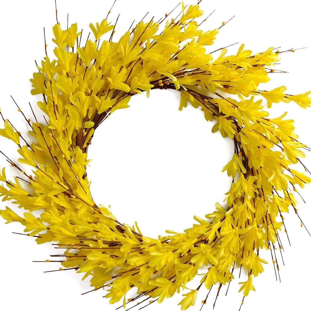 Bibelot 20inch Artificial Forsythia Flower Wreaths Spring Summer Fall Wreath Silk Leaves Wreath for Front Door Wreaths Porch Farmhouse Patio Garden Home Decor (Yellow) (Yellow)