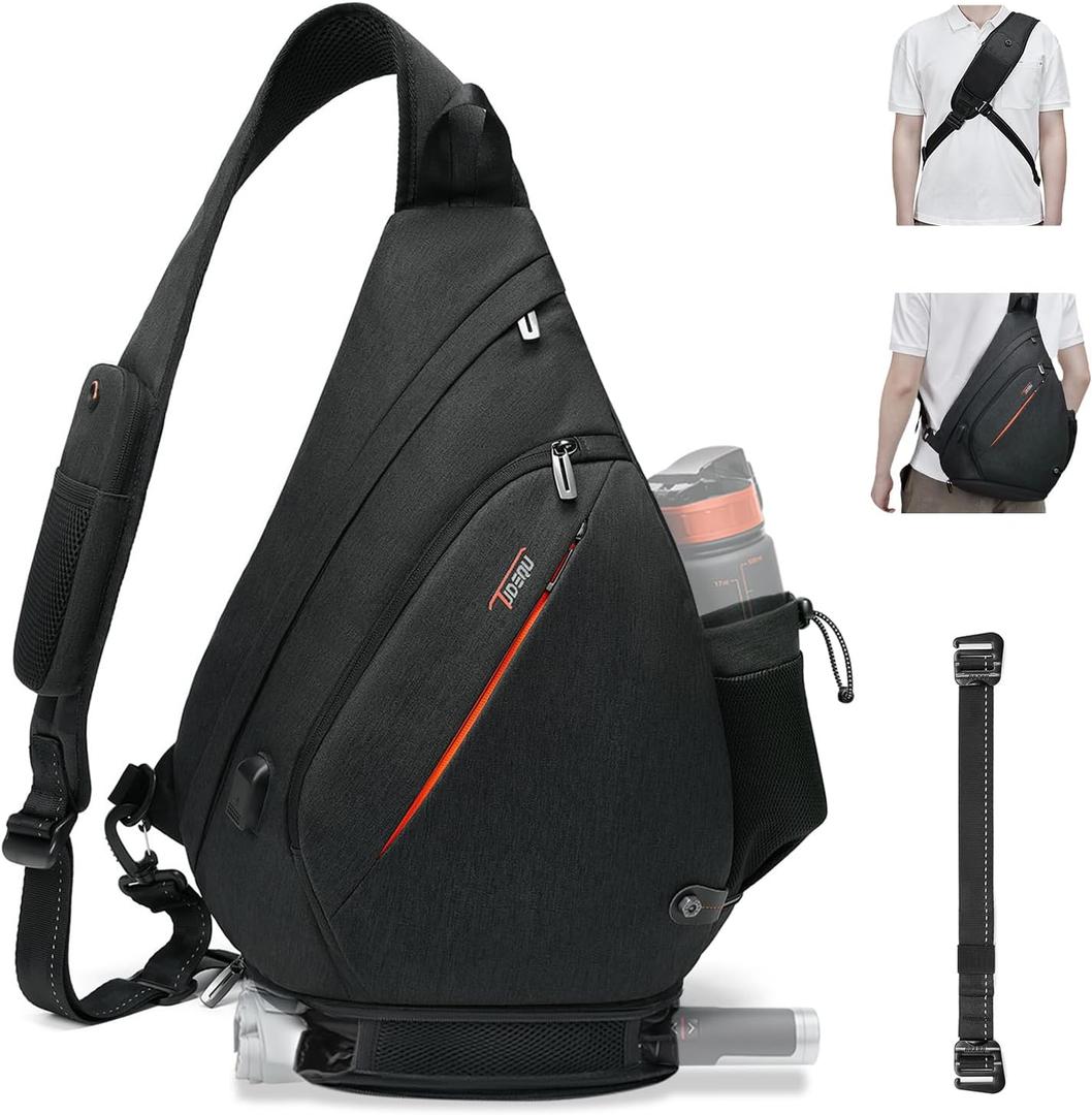 TUDEQU Sling backpack, 8 Pockets Sling Bag Crossbody, 19L Large Sling Bag for Men Travel Crossbody Backpack Hiking Outdoor (Black)