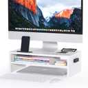 BONTEC Wooden Monitor Stand Riser, 2-Tier Desk Shelf with Storage Organizer, Ergonomic Computer Stand with Cable Management, Cellphone Holder, White, 16.5 Inch