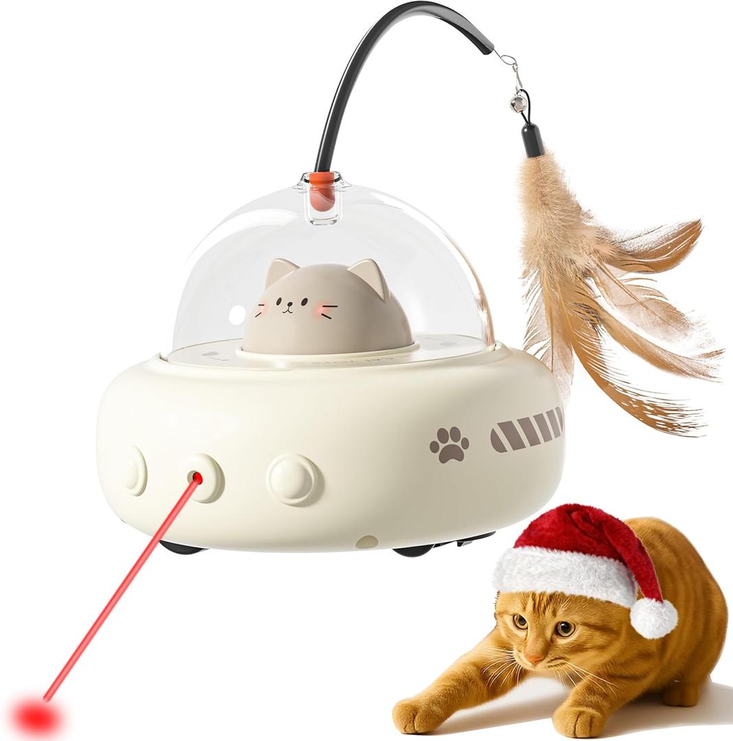 Hooroor 2-in-1 UFO Laser Cat Toy with Feather, Automatic Motion Smart Sensor Interactive Toy for Indoor Cats&Small Dogs, Rechargeable Obstacle-Avoidance Exercise Toy, Self-Play Pet Gift White
