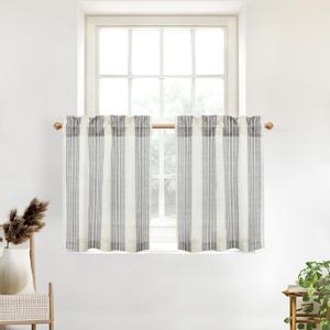 DriftAway Kitchen Curtains Striped Tier Linen Short Curtains Pinstripe Cafe Curtains 24 Inch Length for Living Room Bathroom Chris Farmhouse Rustic Curtains Rod Pocket 2 Panels Gray