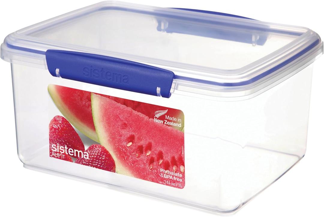 Sistema KLIP IT Rectangular Collection Food Storage Container, 101 oz./3 L, Clear/Blue