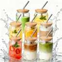 8 Packs Ribbed Glass Tumbler with Lid and Straw Ice Coffee Cup Kitchen Gadgets 16 oz Apartment Essentials New Home Must Haves Things Stuff Accessories House Warming Housewarming Hostess Host Gift