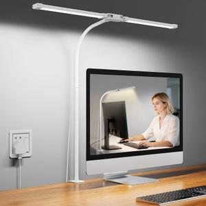 Woputne Desk Lamp with Clamp, with 5V 2A Adapter, LED Desk Lamp with Dual Head, 50 Light Modes, Computer Monitor Flexible Neck Lamp, Eye Protection Desk Lamps for Study, Office, Crafts, Draw(White)