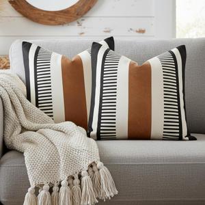 Set of 2 Black White Boho Pillow Cover with Leather Modern Couch Pillow Covers 22x22 inch Farmhouse Stripe Pillowcase for Couch Bed, Black