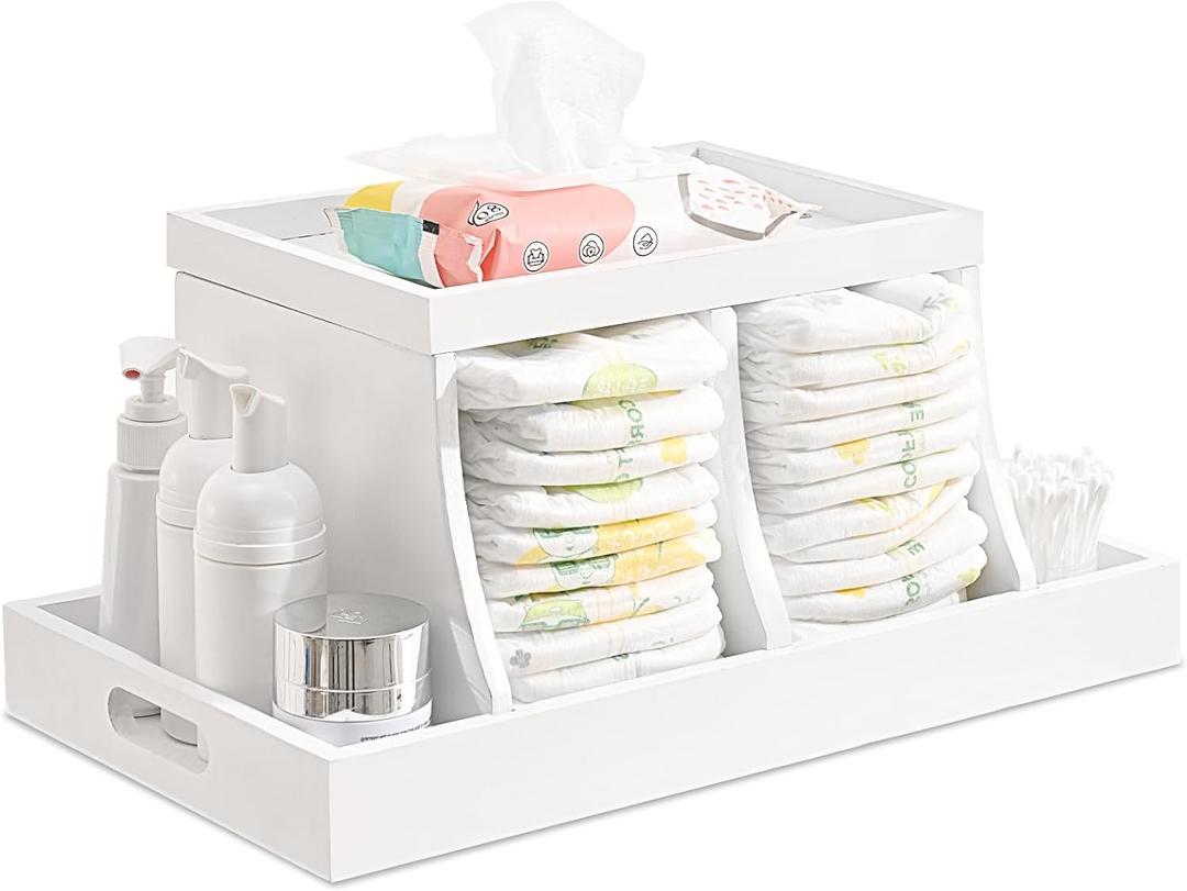 Diaper Caddy Organizer, Changing Table Organizer, Wooden Diaper Organizer for Nursery, Baby Diaper Storage Organizer with Removable Dividers (White, Rectangular Size) (16.1x8.7)