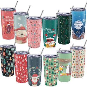 12 Set 20oz Christmas Tumblers Bulk with Lids Straws, Stainless Steel Insulated Coffee Travel Mug Cups, Holiday Tumbler Set for Hot,Cold Drinks, Xmas Party Favors, Birthday Holiday Gift(Chic)