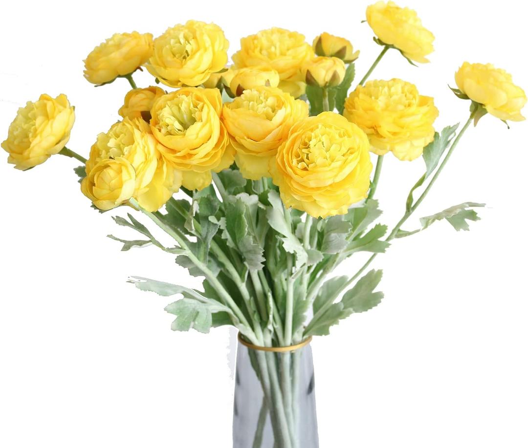 6PCS Artificial Ranunculus Flowers with Real Touch Stem Silk Ranunculus Flowers for Household Arrangement (Yellow)