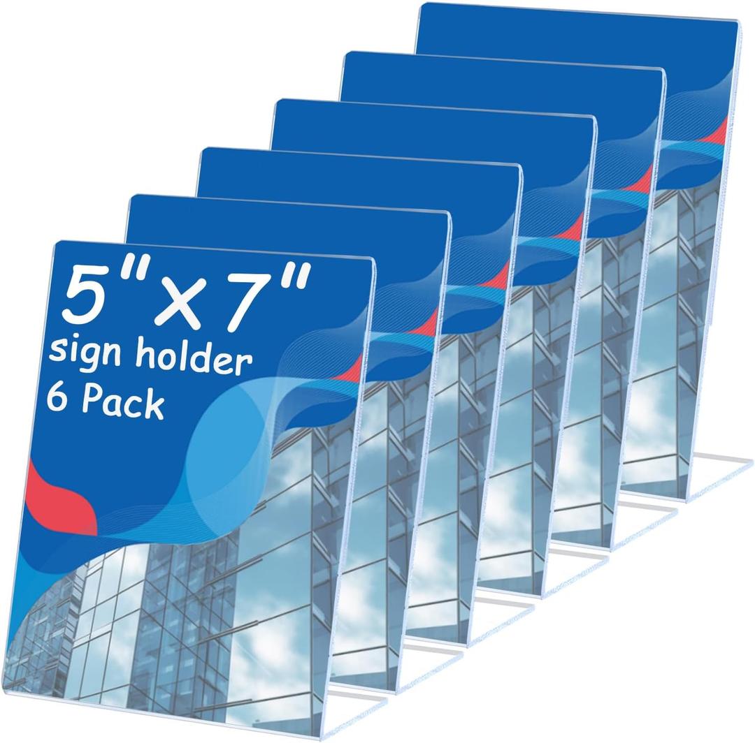6 Pcs Acrylic Sign Holder 5 x 7 Inch, Plastic Picture Flyer Holder Vertical Slanted Back L Shape Display Stand Acrylic Picture Frame, Table Signs Holder for Business, Office, Restaurant