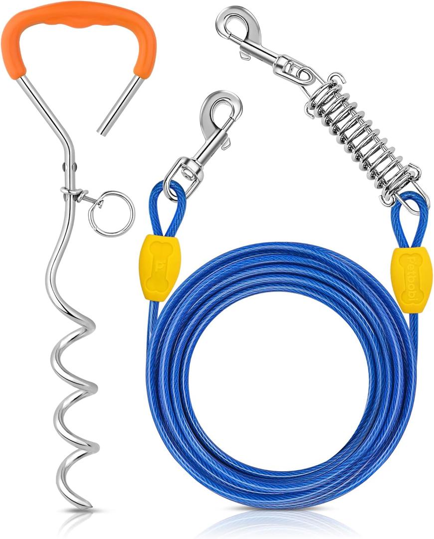 Petbobi Dog Tie-Out Cable and Stake - 20ft Heavy Duty Cable with Spring, No Tangle, 16in Ground Stake, Ideal for Yard, Camping and Beach, Suitable for Small Medium Large Dogs Up to 120 lbs, Blue