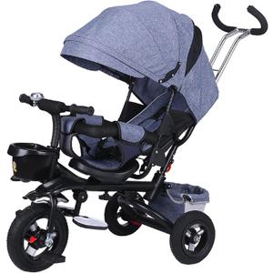 4 in 1 Foldable Kid Stroller Trike,Baby Tricycle Detachable Push Car Bike W/Push Handle,Removable Canopy Rotatable Seat Push Tricycle for Toddlers,Gray,Style 2