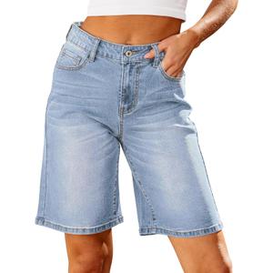 luvamia Bermuda Jean Shorts for Women High Waisted Trendy Stretchy Denim Shorts Knee Length Cutoff Loose Fit Long Shorts (Large, Seaside Blue)