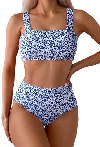 Fanuerg Women's High Waisted Bikini Sets Wide Straps Two Piece Swimsuit Floral Print Bathing Suits Medium
