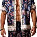Mens Hawaiian Shirt Sets Satin Silk Casual Button Down Shirts 2 Piece Luxury Summer Beach Outfits for Men, Navy Blue XL