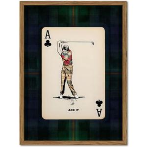 Vintage Golf Wall Art, Playing Card Golfer Sports Wall Decor Paintings Retro Navy Plaid Canvas Prints Picture for Bedroom Living Room Man Cave Country Club 12x16 inch Wood Framed