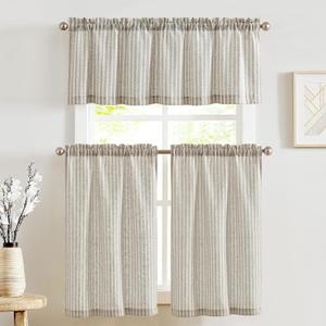 jinchan Striped Kitchen Curtains and Valance Set 36 Inch Tier Curtains Grey Ticking Stripe Linen Small Drapes Pinstripe for Cafe Living Room Bathroom Farmhouse 3 Pieces Set Rod Pocket Gray (26"W x 36"L (Pack of 3), Stripe Taupe Grey)