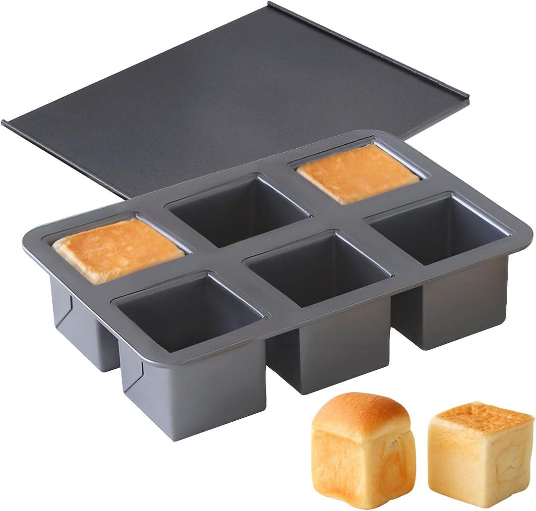 Mini Pullman Loaf Pan with Lid, 6-Cavity Nonstick Square Bread Baking Pan, Carbon Steel Loaf Toast Box Mold with Cover for Homemade Bread Meatloaf Cake