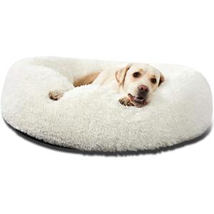 Calming Donut Cuddler Dog Bed, Round Fluffy Pet Bed for Large Dogs,Washable, Large, White, 30''