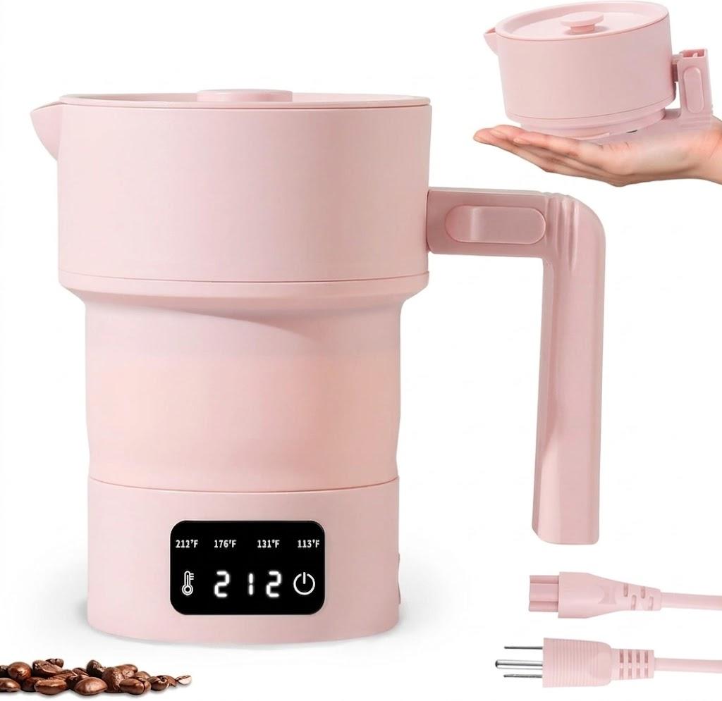 UPEZAN Travel Electric Kettle-Collapsible Portable Electric Kettle, 600W Foldable Small Water Boiler with 4-Temp Presets, Food Grade Silicone for Hotel, Office, Camping (Pink, 600mL)