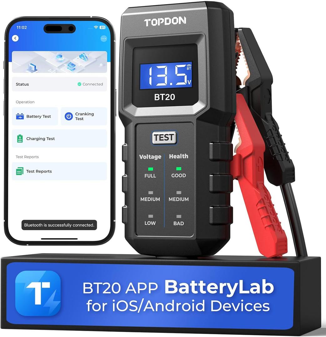 12V Car Battery Tester, TOPDON BT20 Battery Load Tester 100-2000CCA, Cranking&Charging Test via App, Record Voltage History, Automotive Battery Analyzer&Checker for Car Truck SUV Boat