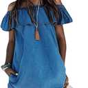 Women's Blue Jean Dress Off Shoulder Ruffle Short Sleeve Loose Denim Mini Dress with Pocket (Large)