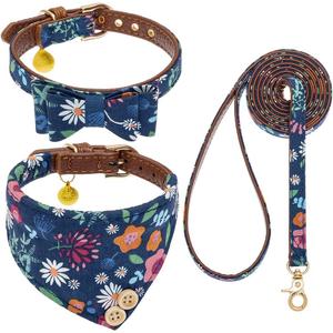 EXPAWLORER Dog Collar and Leash Set - Classic Plaid Dog Bow Tie and Dog Bandana Collar with Bell, Dog Leash Tangle Free, Adjustable Collars for Small Medium Dogs, Holiday Ideal Gift, Flower SM (Small-Medium, Flower)