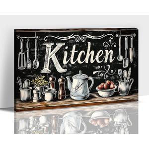 Farmhouse Kitchen Wall Art - Black Kitchen Sign Wall Decor, Vintage Rustic Kitchenware Canvas Art Print Pictures, Modern Kitchen Painting Framed Artwork for Country Dining Area Decoration 18x24 Inches
