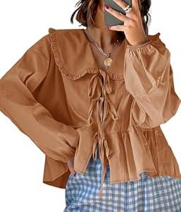 Tankaneo Womens Tie Front Tops Casual Babydoll Long Sleeve Blouses Peplum Cotton Bow Shirts Brown, Sm