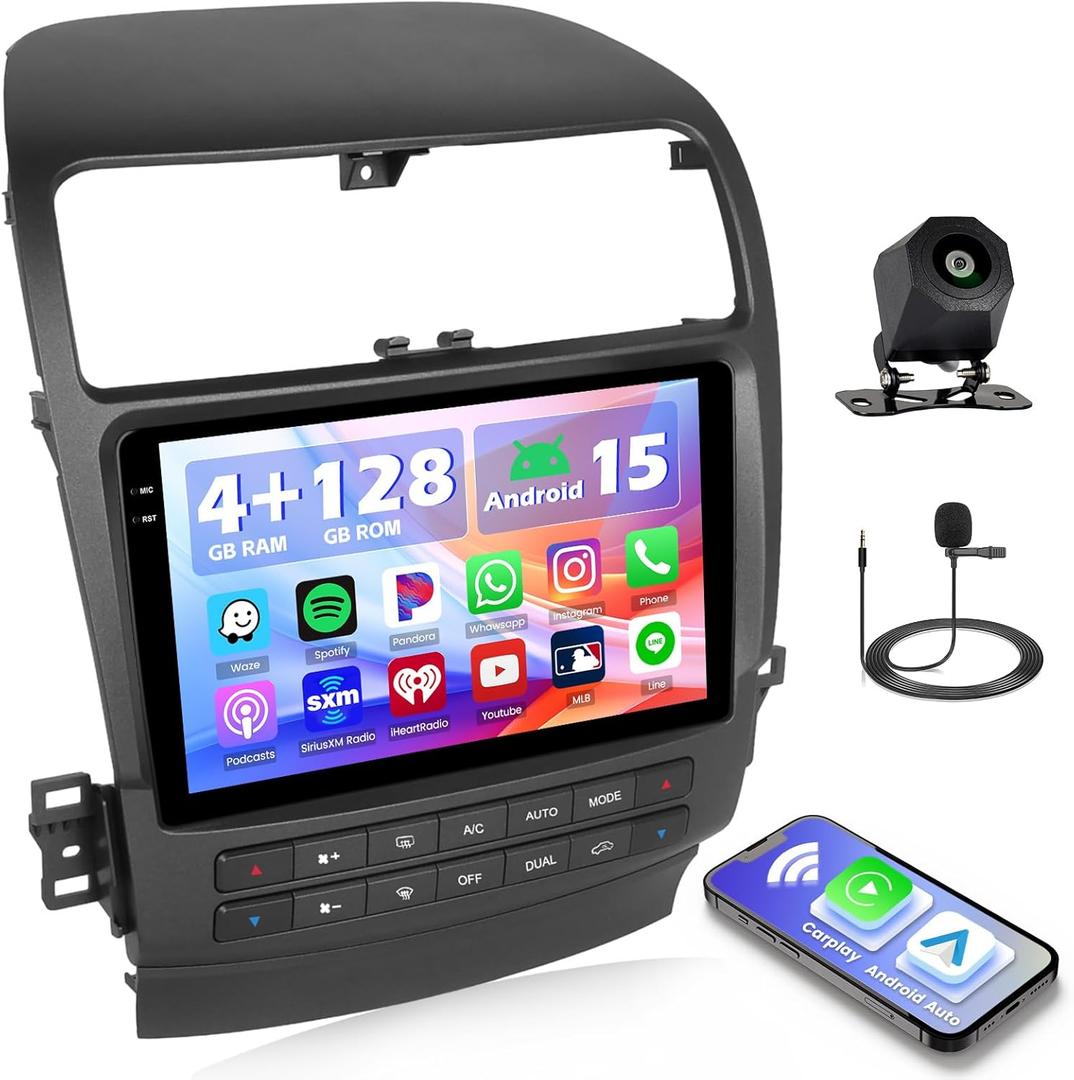 Hikity 4+128G Android Car Stereo for Acura TSX 2003 2004 2005 2006 2007 2008, 9 Incell Touchscreen Radio with CarPlay, Android Auto, Bluetooth, GPS Navigation, WiFi, FM, RDS + AHD Backup Camera