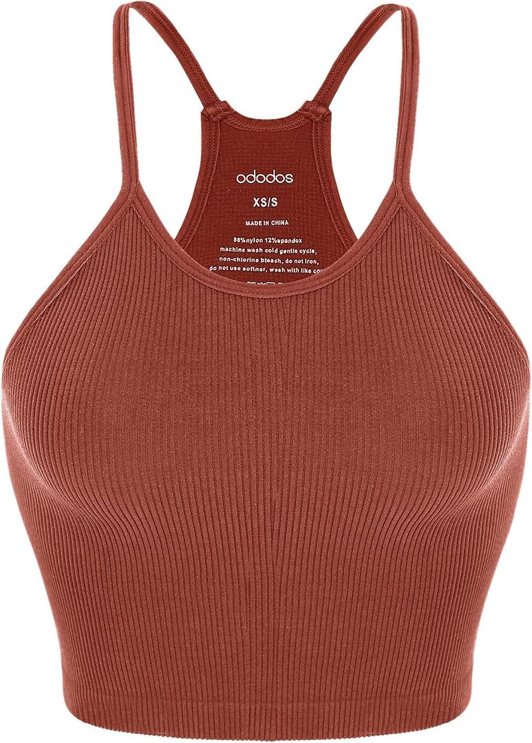 ODODOS Women's Crop Seamless Rib-Knit Camisole Strappy Racerback Crop Tank Tops, Barn Red, X-Large/XX-Large (Pink)