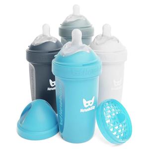 Herobility Anti-Colic Baby Bottles 8.5 fl oz/240ml - Pack of 4 Plastic Baby Bottles, Slow Flow Plastic Bottles, Breast-Shaped Teat for Breastfed Babies, – Multicolor - White, Gray, Iron Blue, Blue