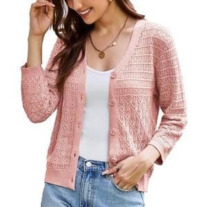 GRACE KARIN 2025 Women's 3/4 Sleeve Crochet Knit Button Down Cardigan Cropped Shrug Bolero Lightweight Sweaters Tops (Pink, Small)