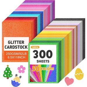 TUXIYA 300 Sheets 8.5" X 11" Glitter Cardstock,50 Assorted Colors 250GSM/92LB Glitter Cardstock,No-Shed Sparkly Glitter Paper for Arts and Crafts, Decorative, Card Making, Scrapbooking, DIY Projects